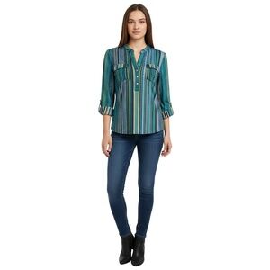 COCOMO‎ Womens Striped Shirt Size M Band Collar 3/4 Sleeve Glitter Glam